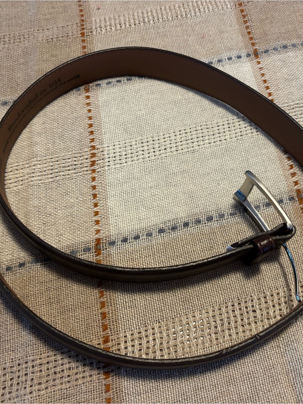 Leegin Men’s Brown Genuine Leather Belt 38 Handcrafted USA silver buckle 20308